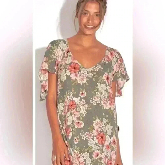 Billabong Ruffled Sleeve V-Neck Fine Flutter Dress women’s size small - Picture 1 of 8